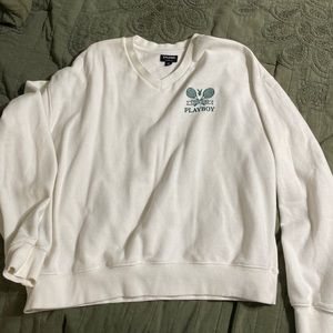 White & Green Embroidered Oversized Playboy Crewneck